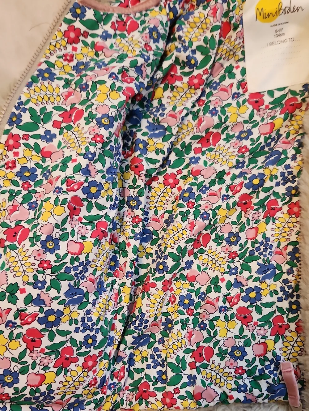Mini Boden Cream Plush Hooded Puffer Jacket with Floral Lining